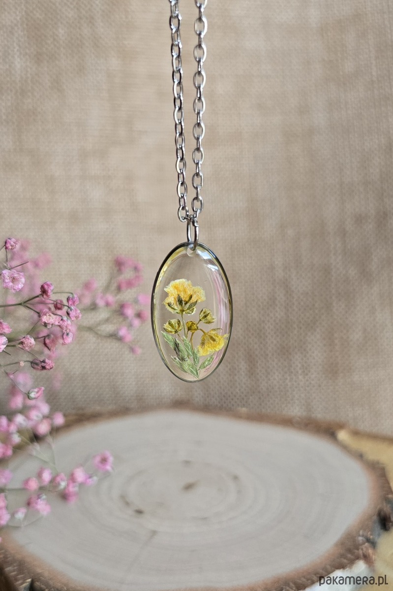 wisiory Srebrna zawieszka jajowata suszone kwiaty żółta gipsówka 1