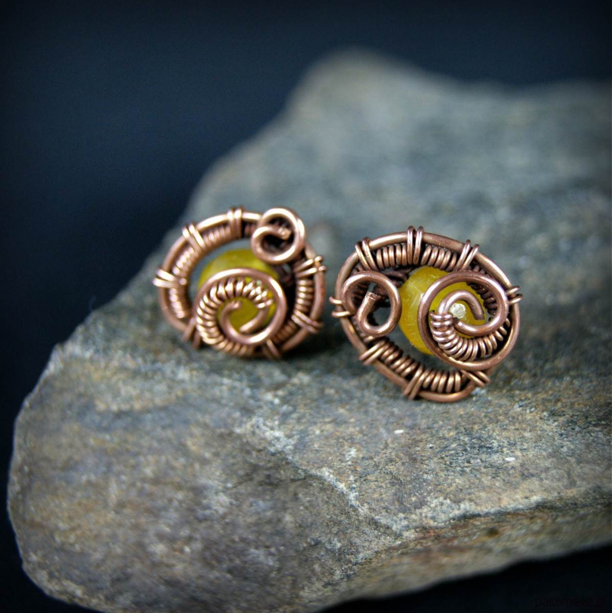 kolczyki wire wrapping Kolczyki sztyfty z żółtym jadeitem 5