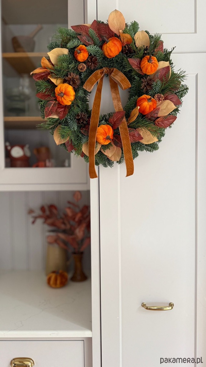 wianki NATURALNY zielony Wianek jesienny z dyniami 1