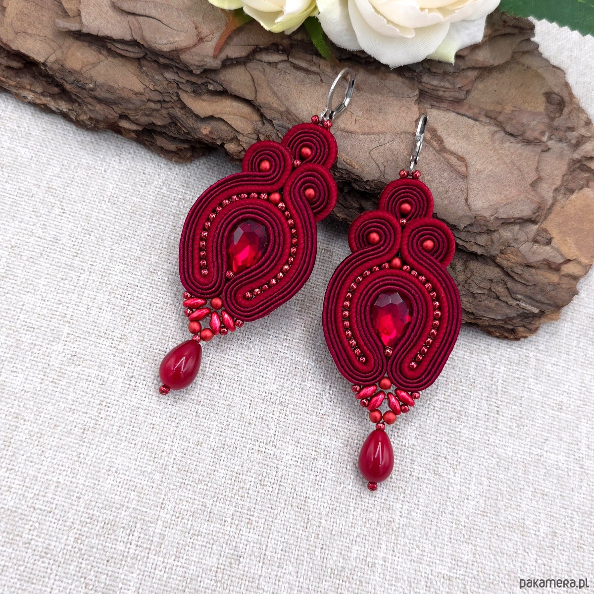 kolczyki soutache Kolczyki sutasz bordowe Verra wiszące z kryształkami 2