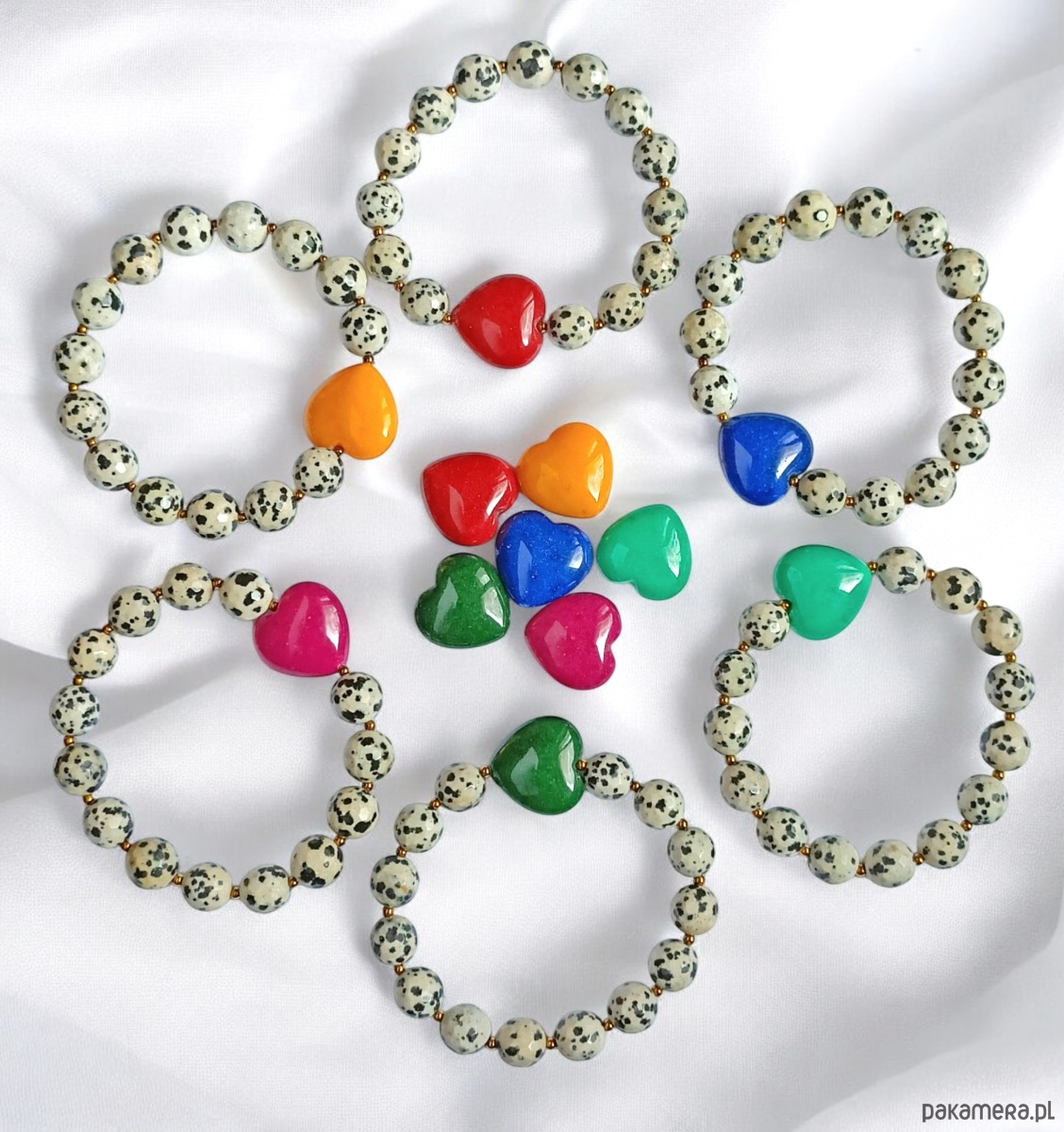 bransoletki z kamieni naturalnych Jaspis dalmatyński i serce : FUKSJA : bransoletka na gumce 3