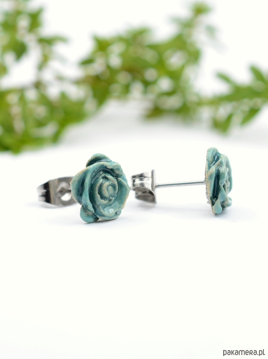 kolczyki ceramiczne Ceramiczne, turkusowe  róże- kolczyki sztyfty 3d 1