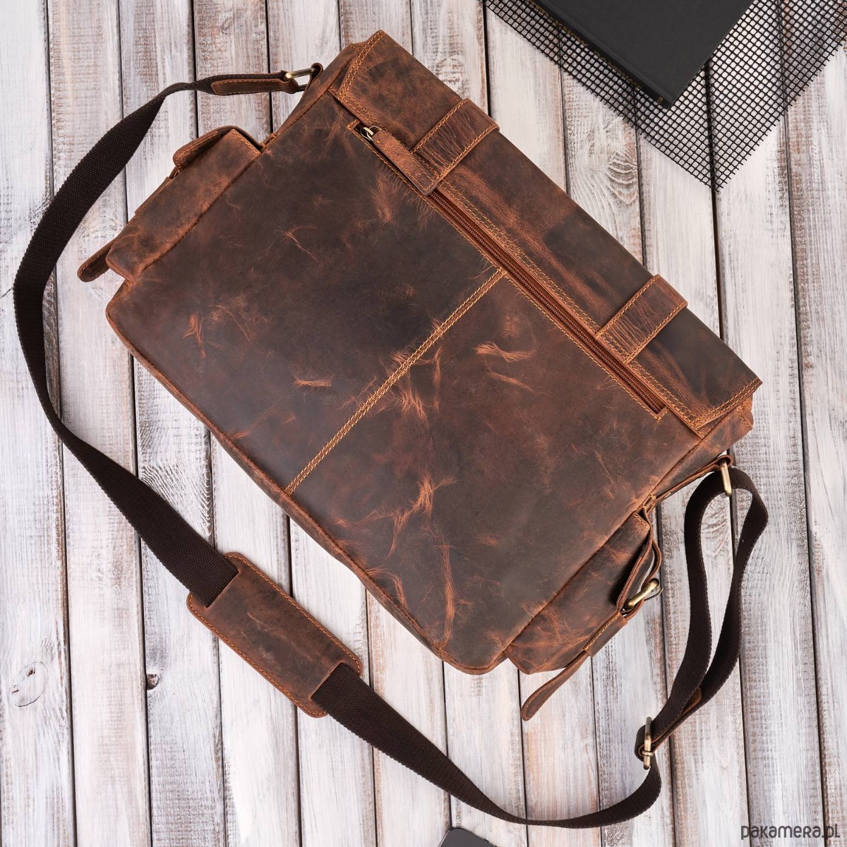 torby i nerki męskie Skórzana torba męska na laptopa wytrzymała pojemna brązowa vintage T-106-HBR 7
