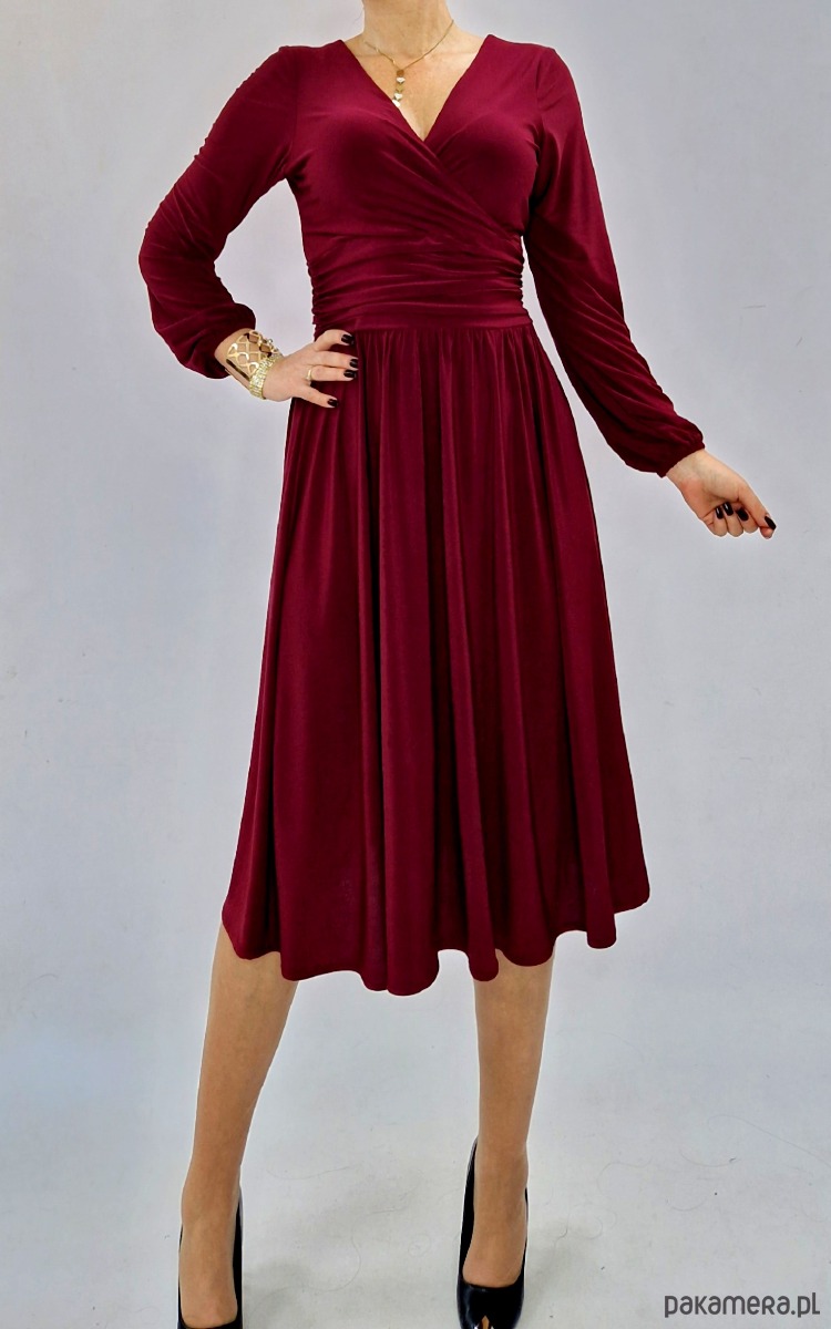 sukienki midi damskie Bordowa  elegancka sukienka  midi draperia r 36-56 3