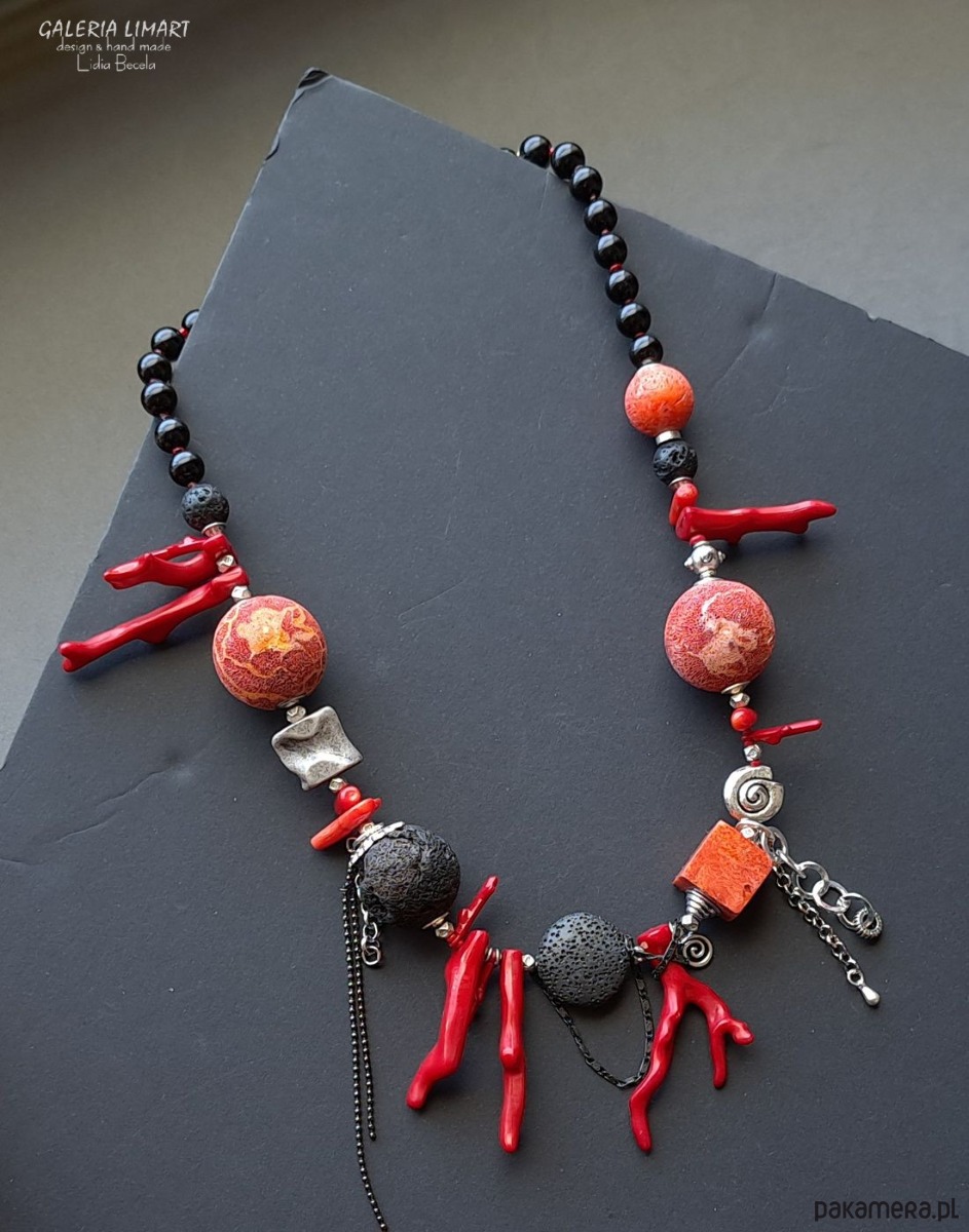 korale Niezwykły naszyjnik etno/boho z ciekawym koralem i lawą  prezent  lux UNIKAT 7