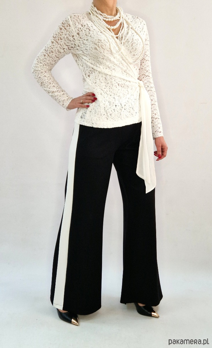 bluzki z długim rękawem damskie Elegancka bluzka z koronki ecru z kokardą roz 34-56 2