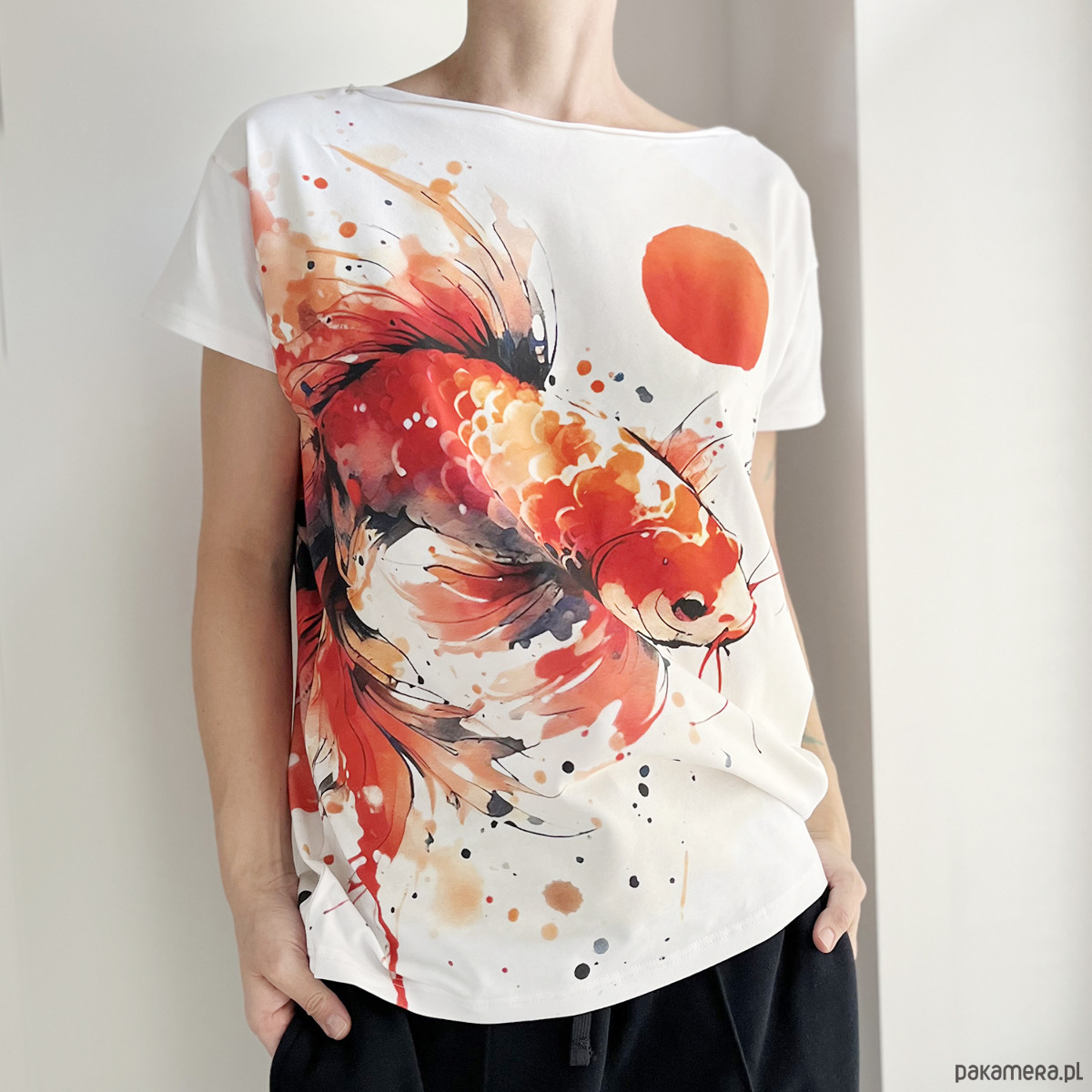 t-shirt damskie Koi pomarańczowy fullprint Biały Oversize 2
