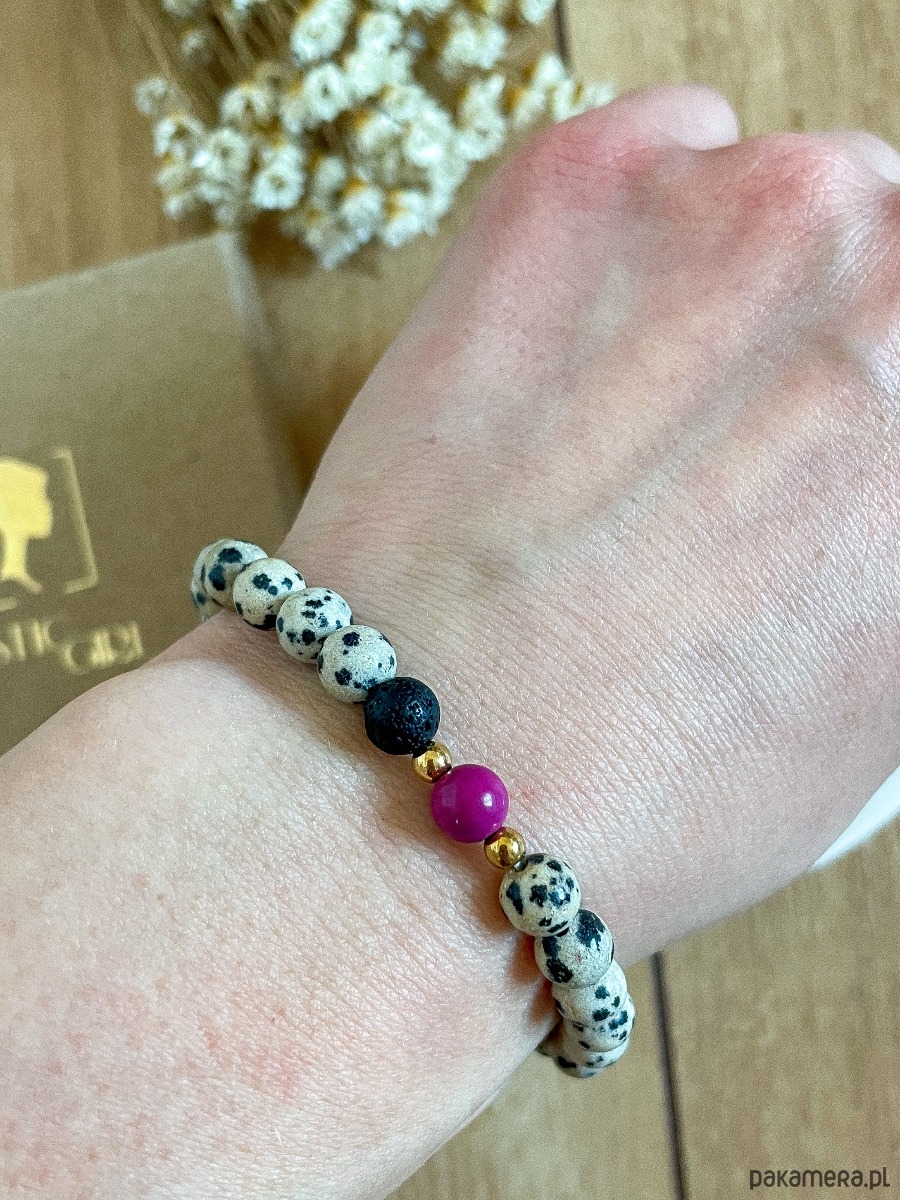 bransoletki z kamieni naturalnych Bransoletka z jaspisu dalmatyńskiego z różowym oczkiem 2
