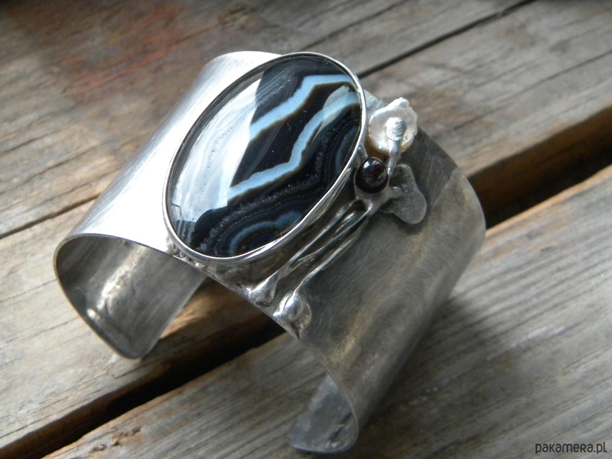 bransoletki wire wrapping Agat - perła - granat  - BRANSOLETA MANKIET - CUFF 6