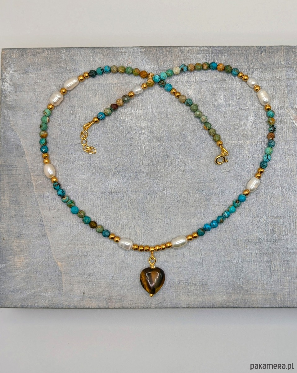 złote naszyjniki Naszyjnik z turkusów z serduszkiem z tygrysiego oka 3
