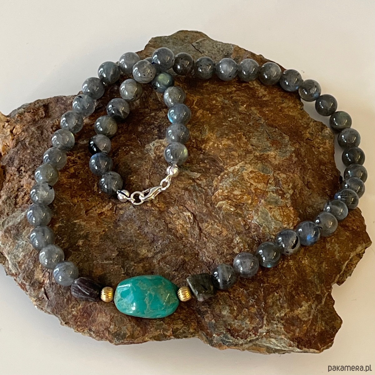 korale NASZYJNIK  z Labradorytu, turkusu, czarnego turmalinu i srebra -  MOC i Energia 5