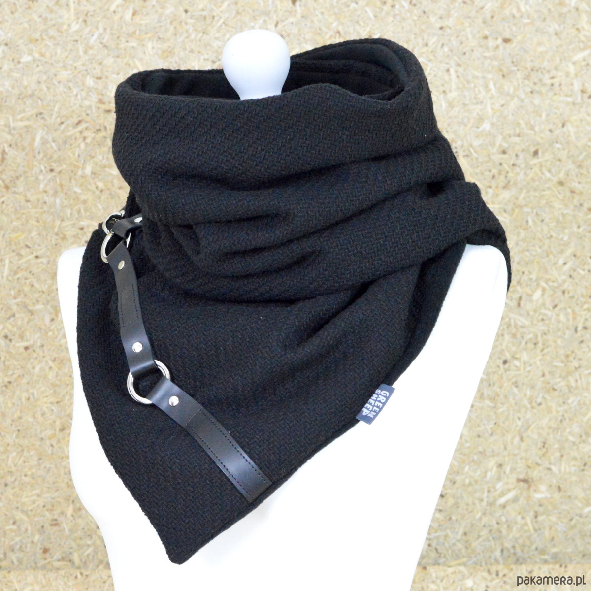 szale damskie Szal wełniany ze skórą, Unisex - Rockowy Czarny 5