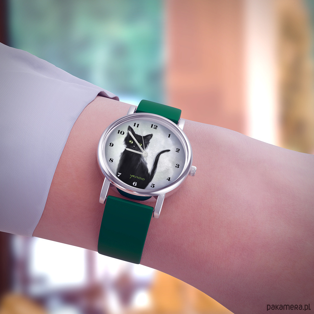 zegarki unisex Zegarek  mały - Czarny kot - silikonowy, zielony 1