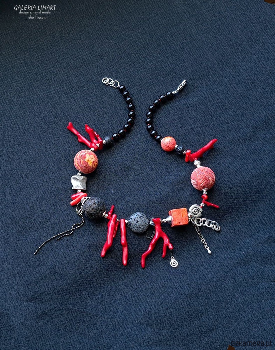 korale Niezwykły naszyjnik etno/boho z ciekawym koralem i lawą  prezent  lux UNIKAT 9