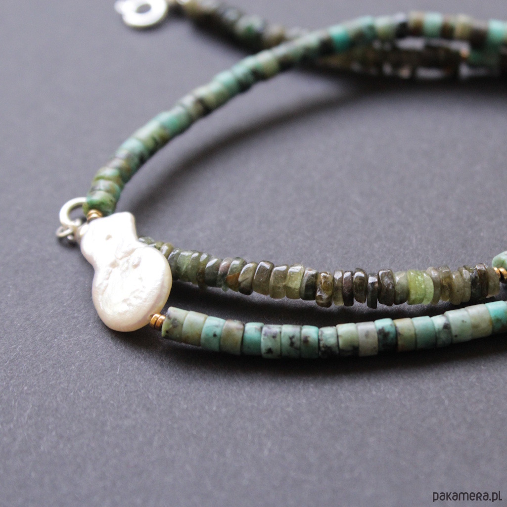 srebrne naszyjniki Naszyjnica z turkusem, zielonym turmalinem i perłą 7