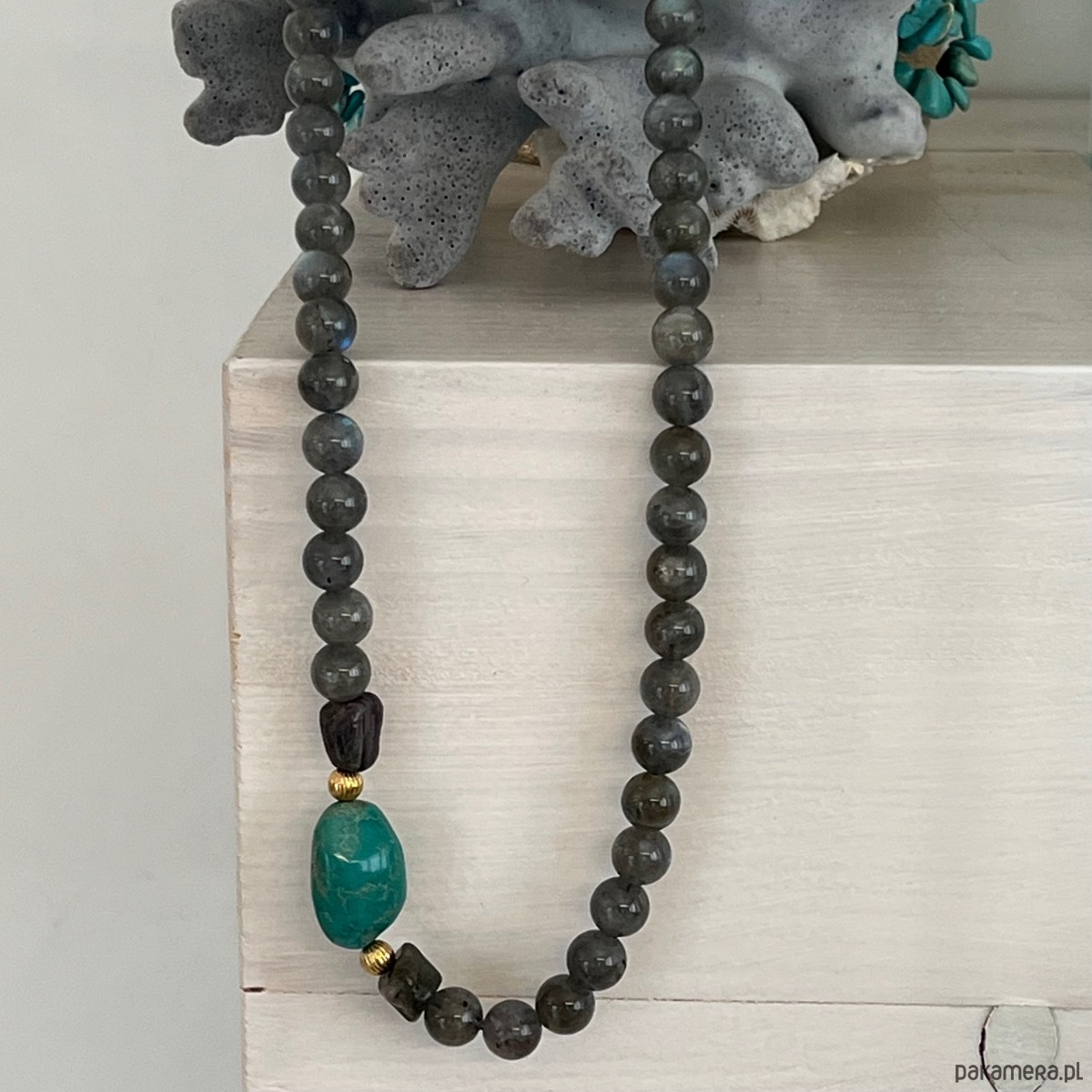 korale NASZYJNIK  z Labradorytu, turkusu, czarnego turmalinu i srebra -  MOC i Energia 1