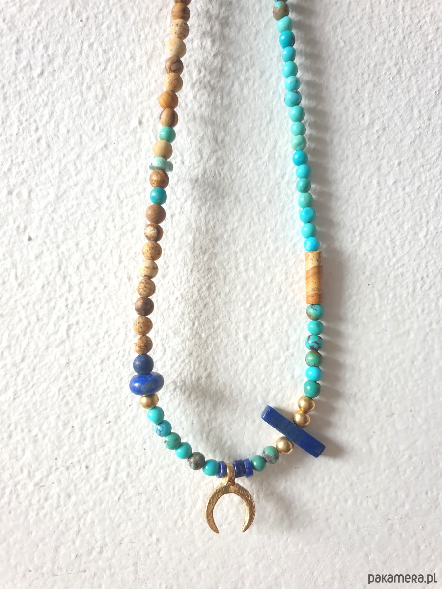 chokery Naszyjnik choker HATHOR  lunula, turkus, lapis lazuli, jaspis obrazkowy 3