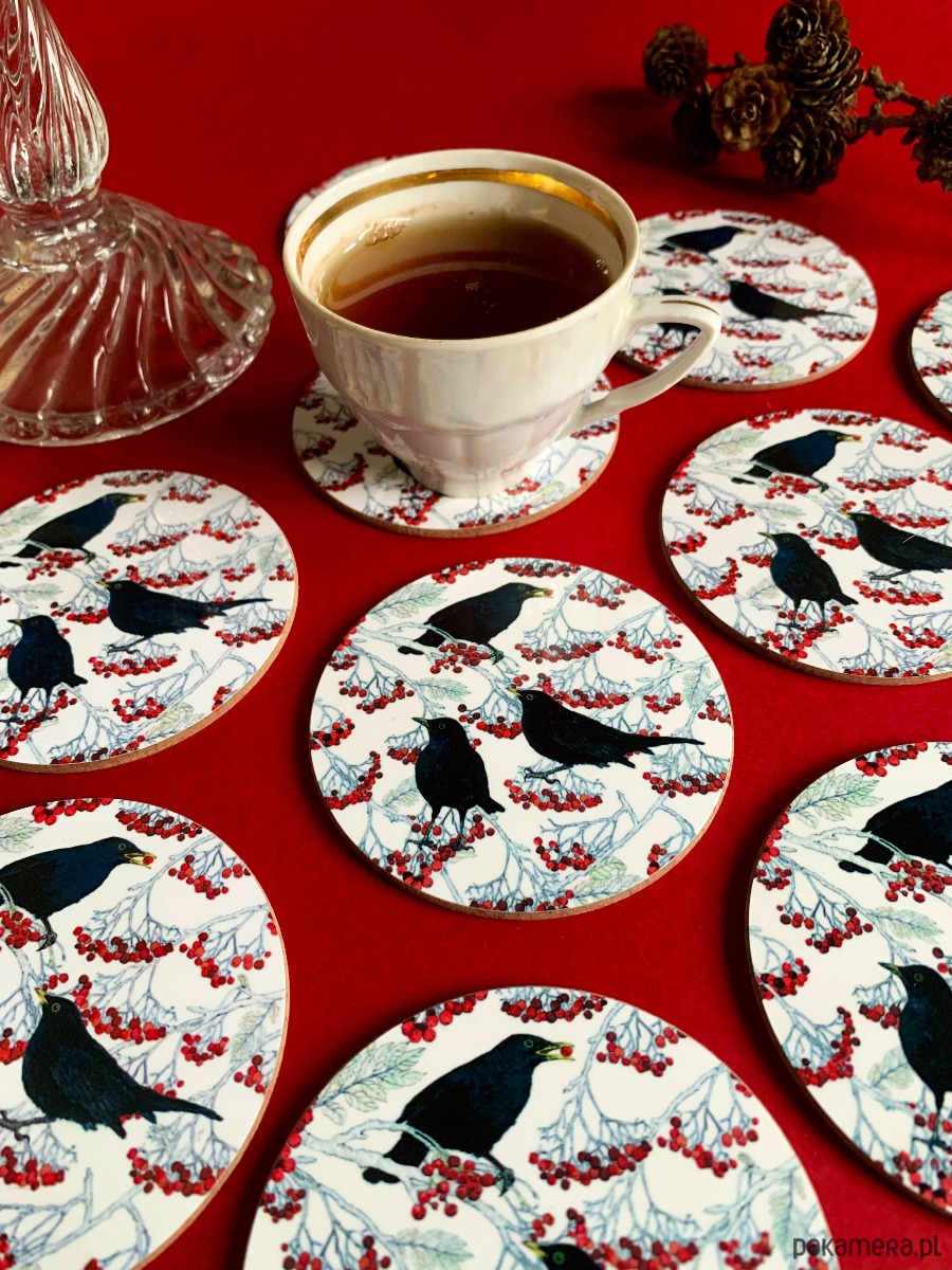 podkładki do kuchni Podkładki pod kubek- Kosy w jarzębinie- Ilustracja- Black birds 1