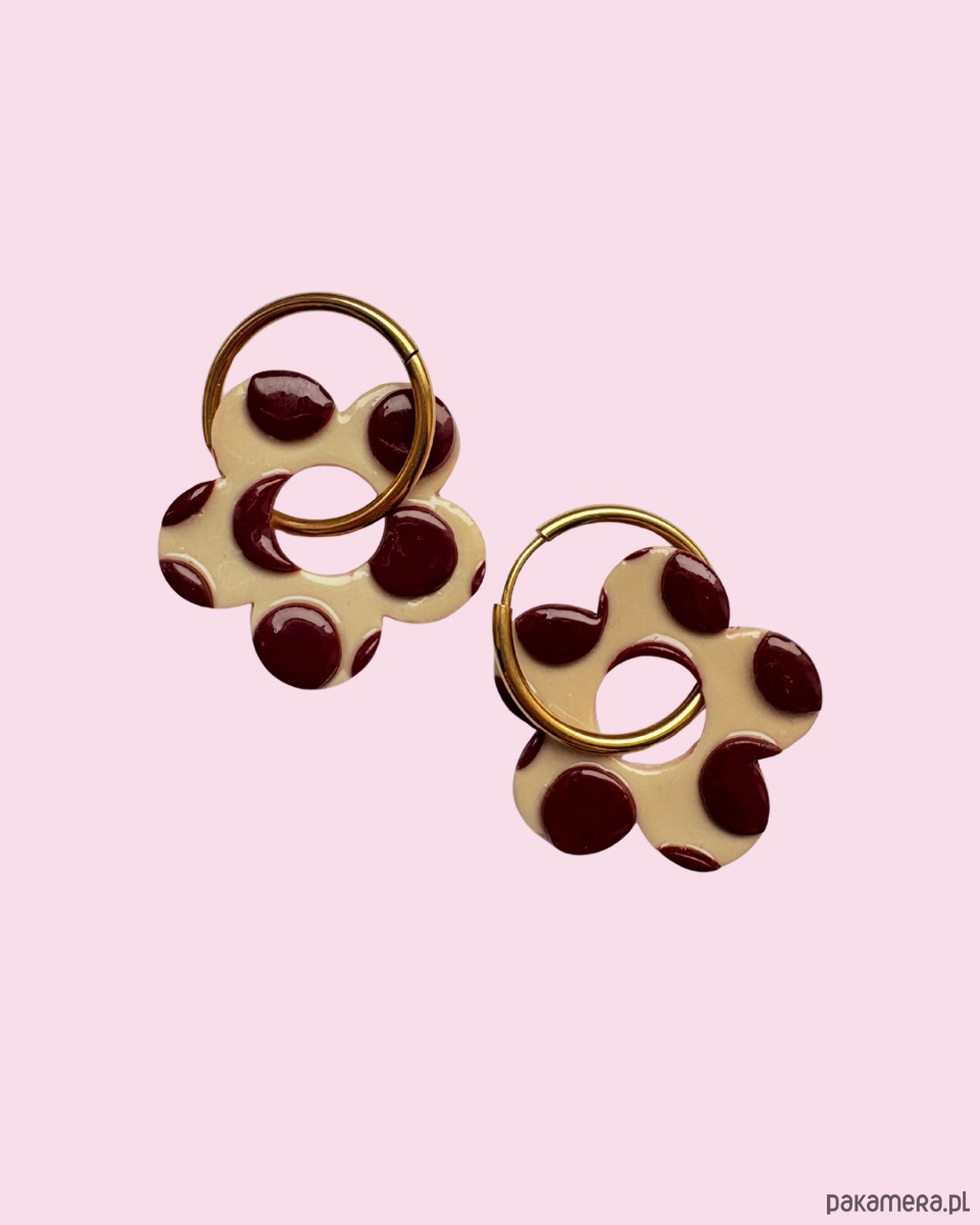 kolczyki z masy plastycznej Kolczyki dwustronne w GROSZKI - beż + burgund 1