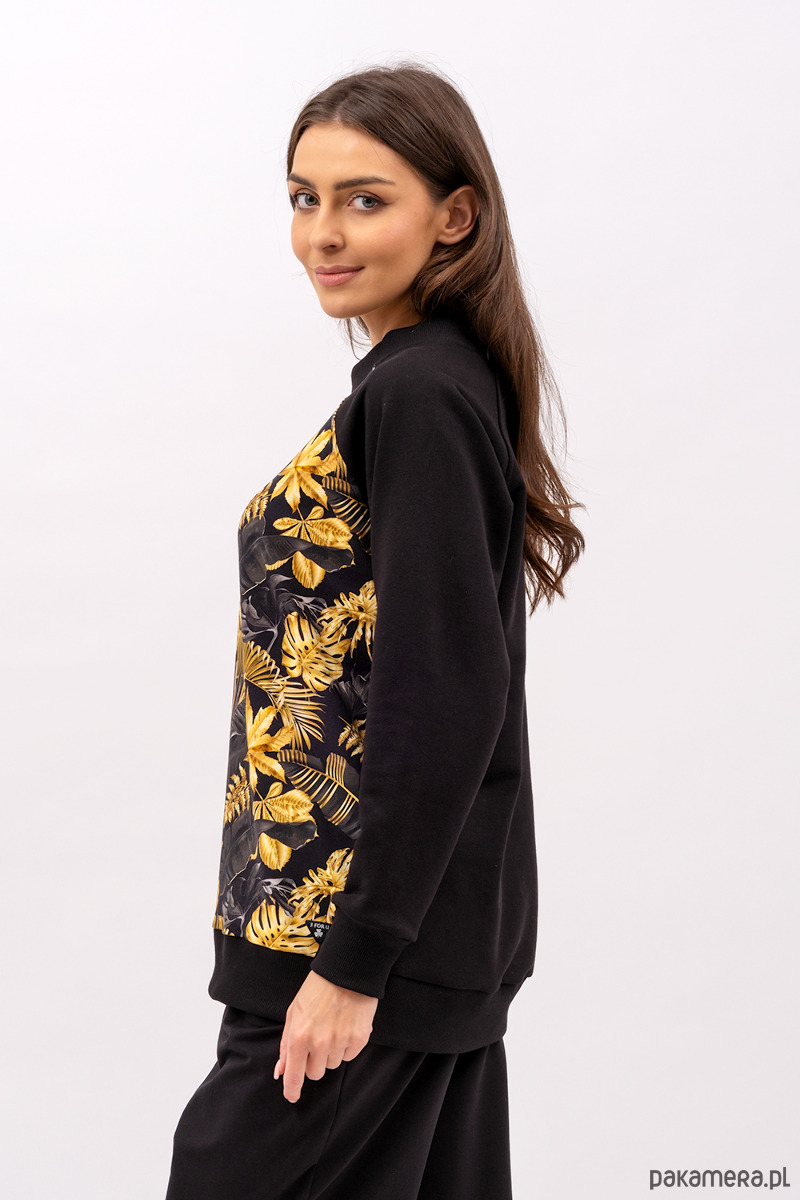 bluza bez kaptura damska Bluza damska raglan basic ,,ZUHAL" czarny/w złote liście 1