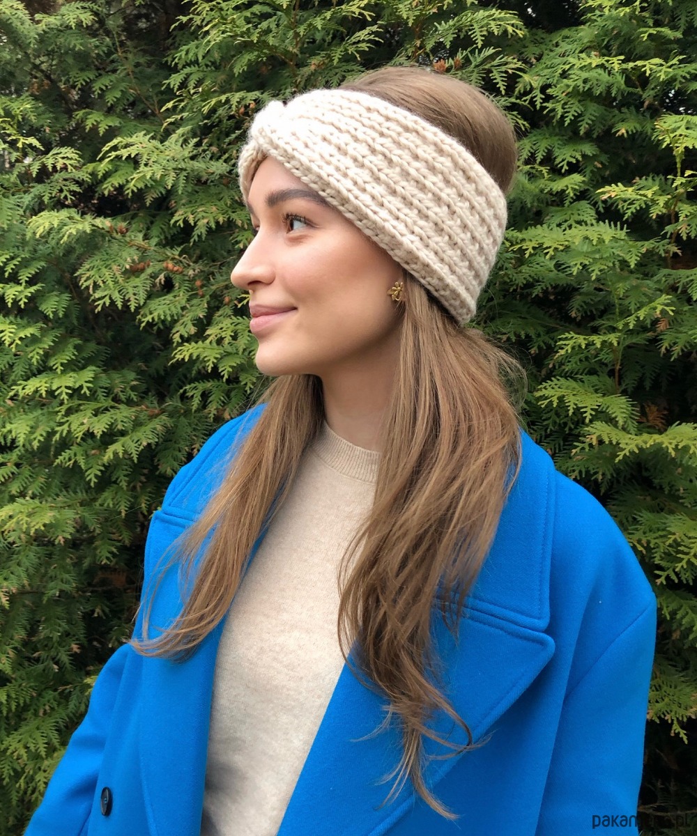 opaski do włosów Opaska wełniana handmade jasnobeżowa marshmallow  100% wełna 3