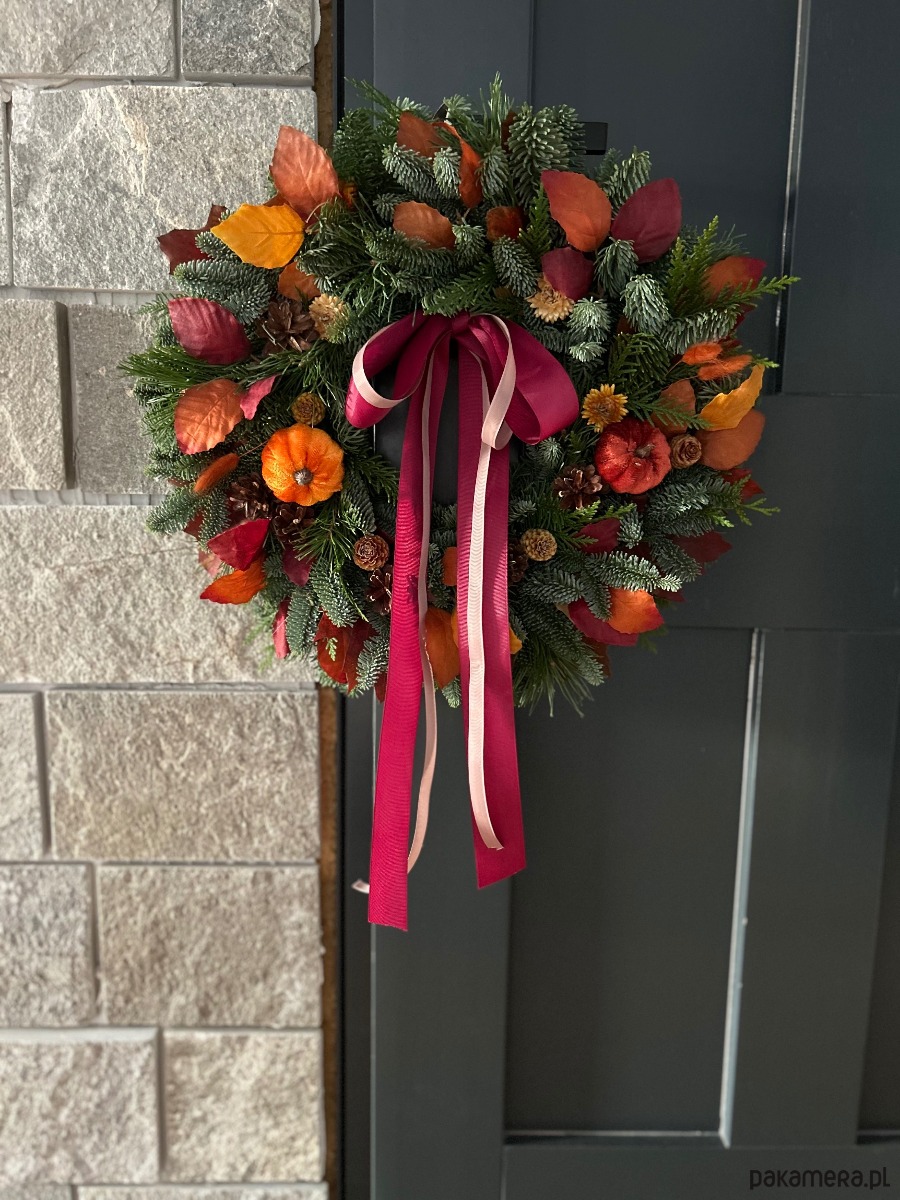 wianki NATURALNY zielony Wianek jesienny z dyniami 1