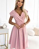 sukienki midi damskie 348-9 SCARLETT rozkloszowana sukienka z kopertowym dekoltem - pudrowy róż 1