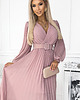 sukienki maxi damskie 414-2 KLARA plisowana sukienka z paskiem i dekoltem - PUDROWY RÓŻ 4