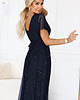 sukienki maxi damskie 635-3 MELANIA błyszcząca suknia z dekoltem i krótkim rękawem - granatowa 4
