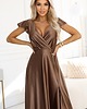 sukienki maxi damskie 411-14 CRYSTAL satynowa długa suknia z dekoltem - mocha mousse 1