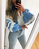 kardigany damskie Bawełniany kardigan niebieski białe ozdobne rękawy handmade 2