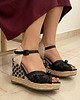 sandały i klapki damskie Czarne espadryle Boho na koturnie z Perłą - Wysokość 10 cm 2