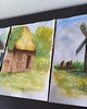 grafiki i ilustracje Chata Drewniana A3 Akwarela Metaliczna Bielona Słońcem Wieś 7