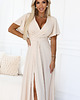 sukienki maxi damskie 581-6 JENNIFER długa suknia z rozcięciem na nogę i dekoltem - beżowa 4