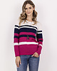 swetry damskie  Sweter w paski z ciekawym dekoltem - SWE343 amarant/ecru/granat MKM 1