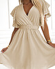 sukienki mini damskie 586-1 Kobieca sukienka z kopertowym dekoltem, rękawkiem i paskiem - BEŻOWA 3