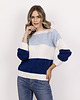 swetry damskie  Sweter w szerokie, kontrastowe pasy - SWE290 ecru/kobalt/błękit MKM 1