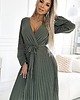 sukienki maxi damskie 537-2 Plisowana szyfonowa sukienka z długim rękawkiem i paskiem - khaki 1