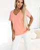 t-shirt damskie 665-2 Bawełniana bluzka damska z dekoltem V i krótkim rękawkiem - koralowa 4