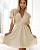 sukienki mini damskie 586-1 Kobieca sukienka z kopertowym dekoltem, rękawkiem i paskiem - BEŻOWA 2