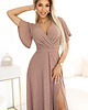 sukienki maxi damskie 581-4 połyskująca długa suknia z rękawkiem i dekoltem - MOCHA MOUSSE 1