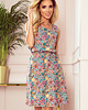 sukienki midi damskie 296-1 VICTORIA Trapezowa sukienka w kolorowy wzór - różowy z turkusem 3