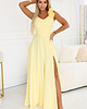 sukienki maxi damskie 643-5 Elegancka wieczorowa suknia maxi z rozcięciem i różami - żółta 2