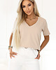 t-shirt damskie 665-3 Bawełniana bluzka damska z dekoltem V - beżowa 1