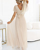 sukienki maxi damskie 562-6 NASTIA Długa sukienka z dekoltem i krótkim rękawkiem - beżowa 2