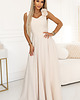 sukienki maxi damskie 643-3 Elegancka wieczorowa suknia maxi z rozcięciem i różami - beżowa 1