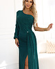 sukienki maxi damskie 658-2 Połyskująca brokatowa sukienka maxi na jedno ramię - zielona 4