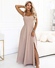 sukienki maxi damskie 633-5 AURELIA długa sukienka z rozcięciem i dekoltem w caro - ciemno beżowa z 8