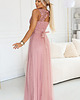 sukienki maxi damskie 672-2 Romantyczna suknia maxi na wesele z koronką i tiulem - pudrowy róż 1