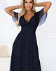 sukienki maxi damskie 635-3 MELANIA błyszcząca suknia z dekoltem i krótkim rękawem - granatowa 2